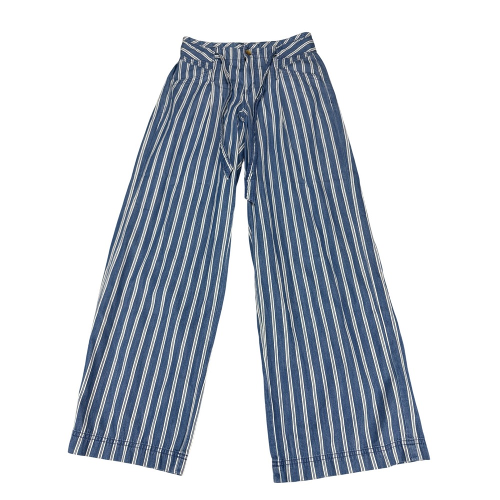 American Eagle Blue White Striped Wide Leg Cotton Pants Womens 4 Long